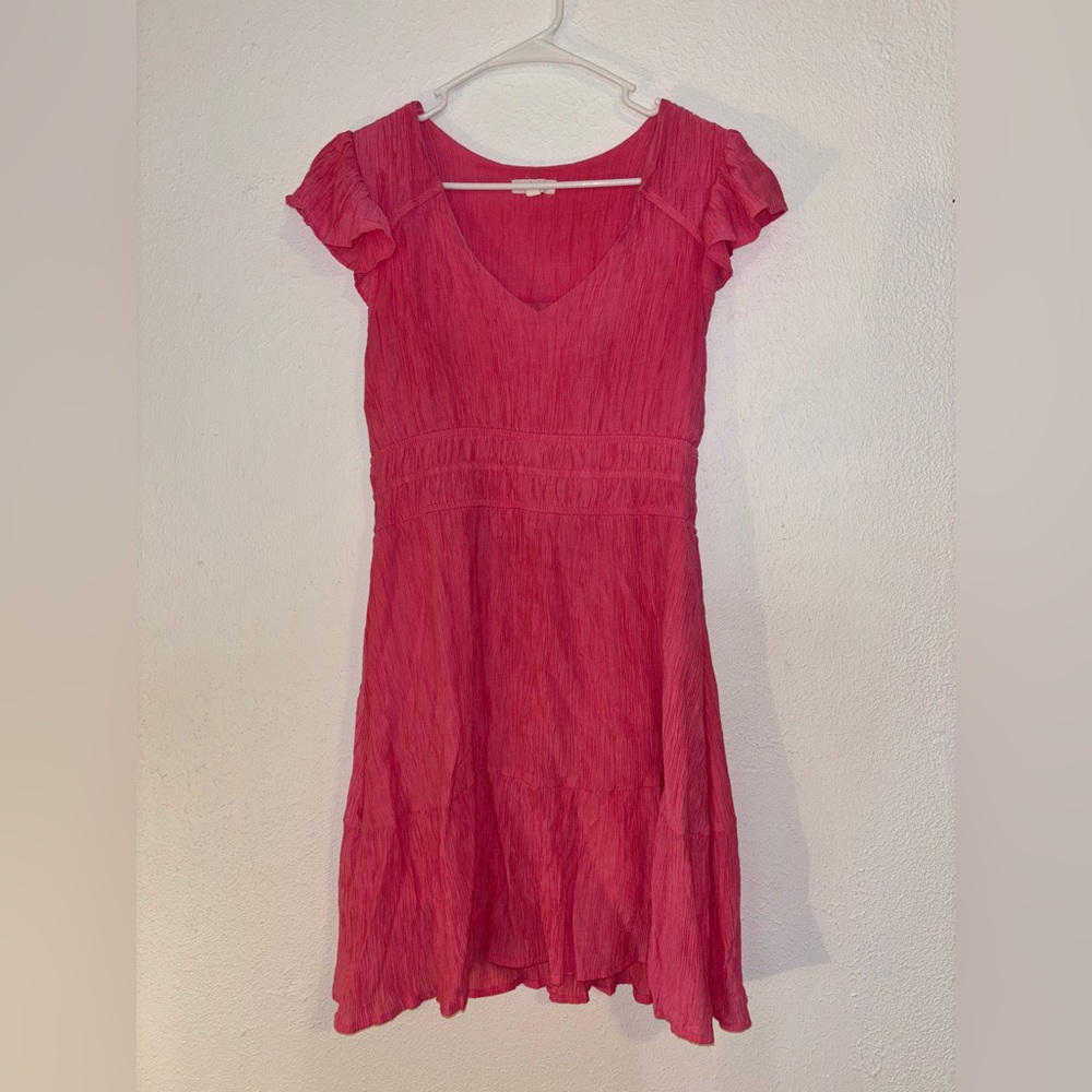 Blue Pepper Pink V-Neck Dress Size L Cinched Waist Frilly Sleeves Lined Boho